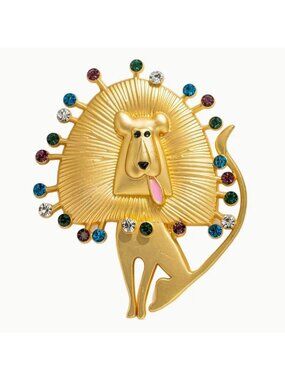 Gold Tone Lion Brooch with Multicolor Crystals
